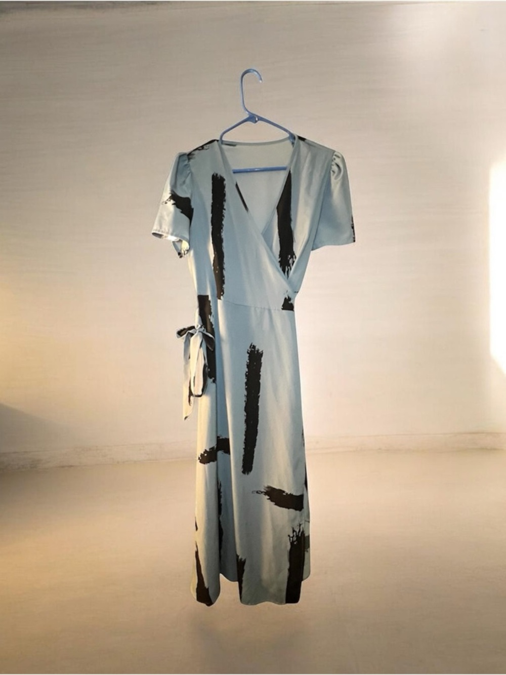 SHEIN Light Blue Midi Wrap Dress with Black Brushstroke Accents